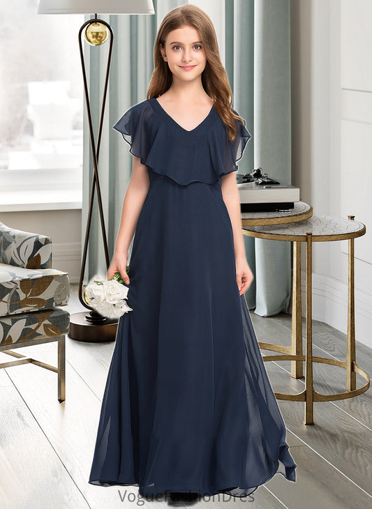 Delilah A-Line V-neck Floor-Length Chiffon Junior Bridesmaid Dress DKP0013611