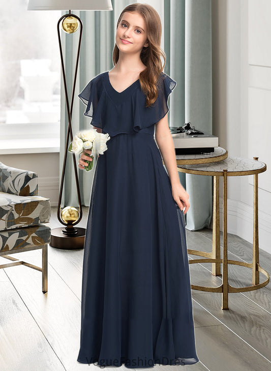 Delilah A-Line V-neck Floor-Length Chiffon Junior Bridesmaid Dress DKP0013611