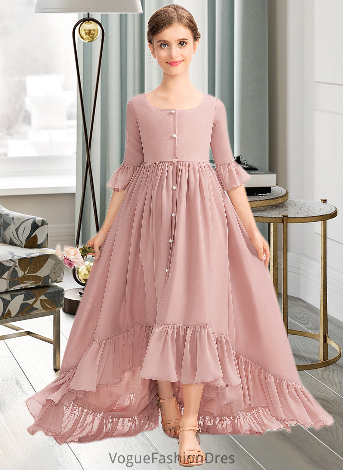 Vanessa A-Line Scoop Neck Asymmetrical Chiffon Junior Bridesmaid Dress With Bow(s) Cascading Ruffles DKP0013612