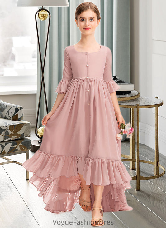 Vanessa A-Line Scoop Neck Asymmetrical Chiffon Junior Bridesmaid Dress With Bow(s) Cascading Ruffles DKP0013612