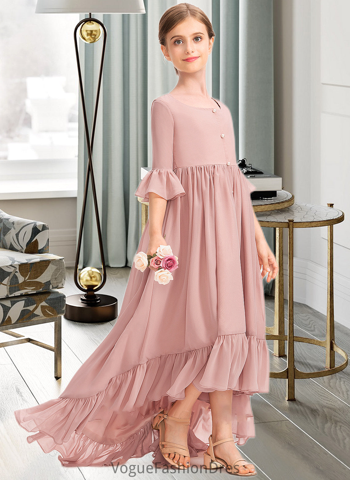 Vanessa A-Line Scoop Neck Asymmetrical Chiffon Junior Bridesmaid Dress With Bow(s) Cascading Ruffles DKP0013612