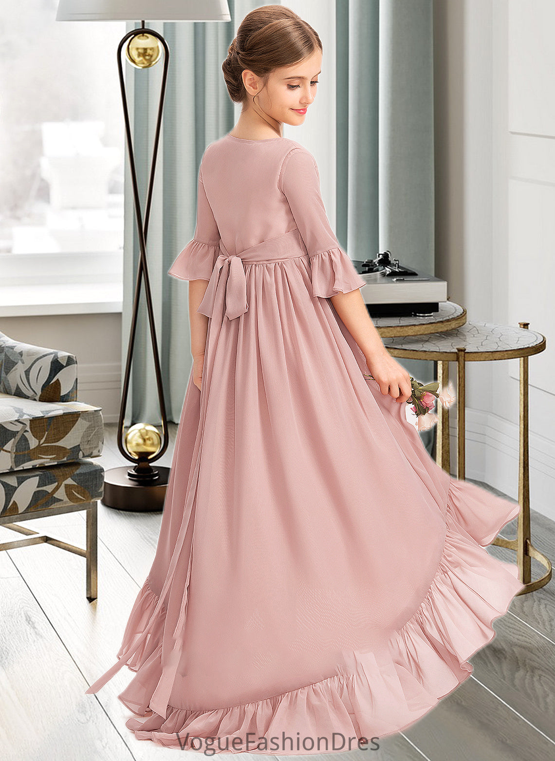 Vanessa A-Line Scoop Neck Asymmetrical Chiffon Junior Bridesmaid Dress With Bow(s) Cascading Ruffles DKP0013612