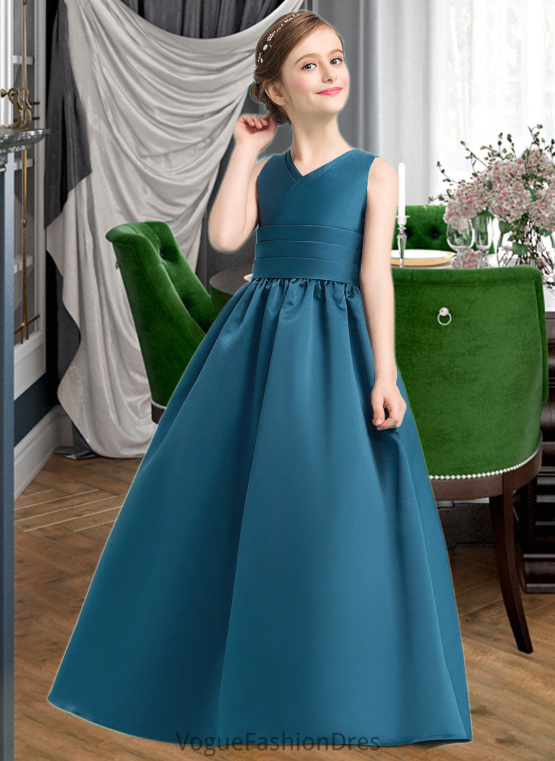 Melinda Ball-Gown/Princess V-neck Floor-Length Satin Junior Bridesmaid Dress With Ruffle DKP0013613