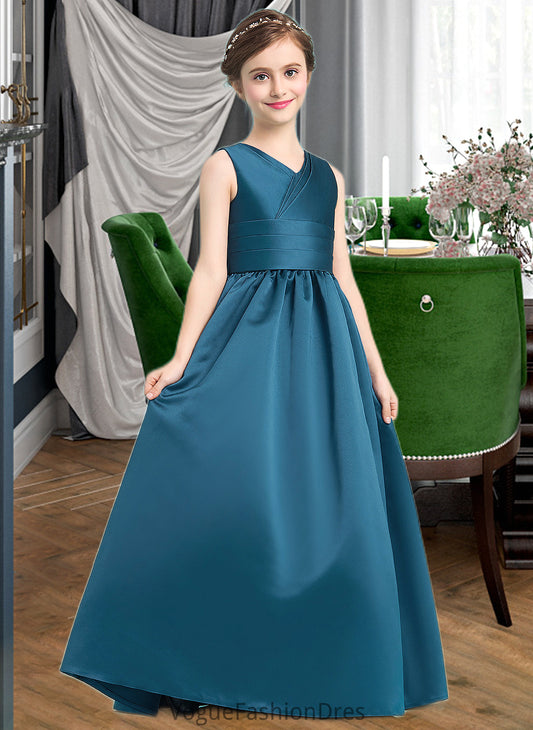 Melinda Ball-Gown/Princess V-neck Floor-Length Satin Junior Bridesmaid Dress With Ruffle DKP0013613