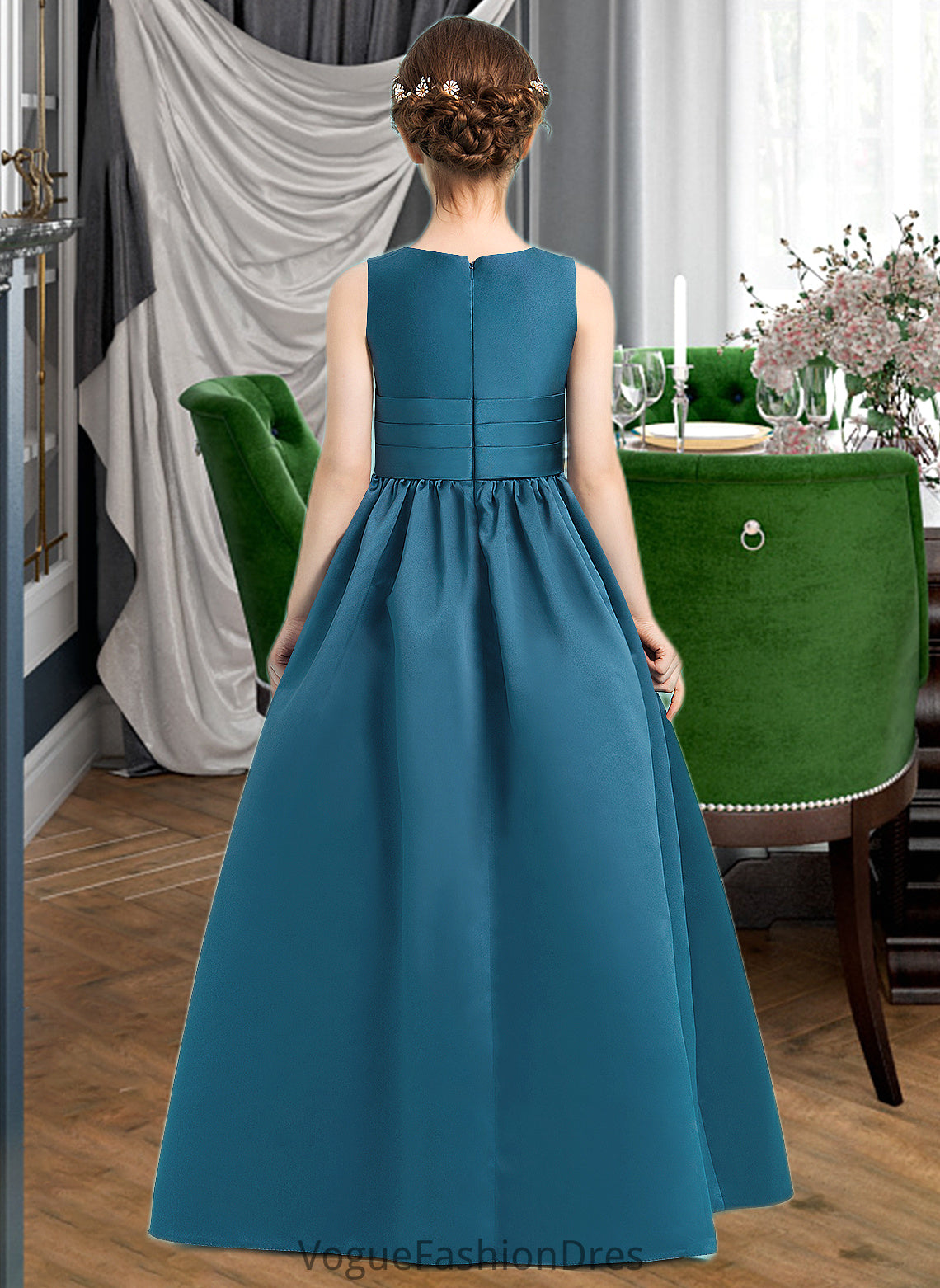 Melinda Ball-Gown/Princess V-neck Floor-Length Satin Junior Bridesmaid Dress With Ruffle DKP0013613