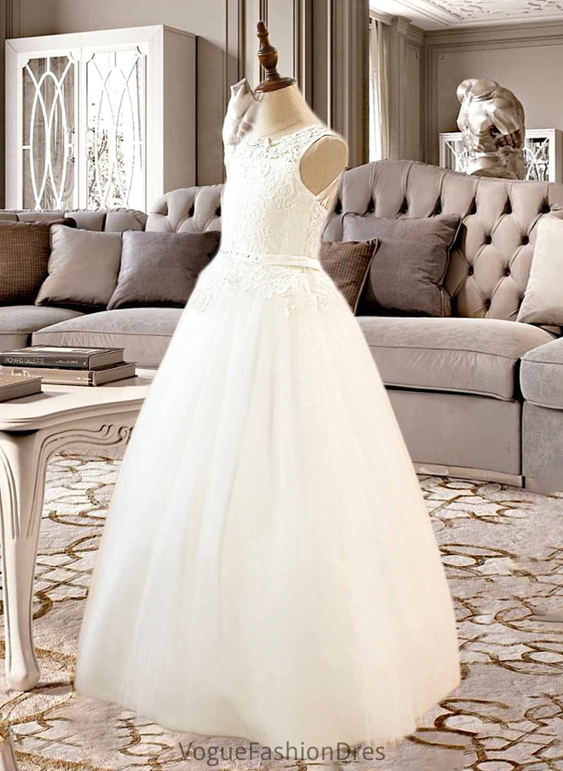 Michaelia Ball-Gown/PrincessScoopNeckFloor-LengthTulleJuniorBridesmaidDressWithSashBeading#136423 DKP0013615