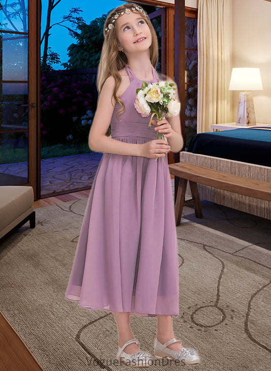 Kiera A-Line Halter Tea-Length Chiffon Junior Bridesmaid Dress With Ruffle DKP0013616