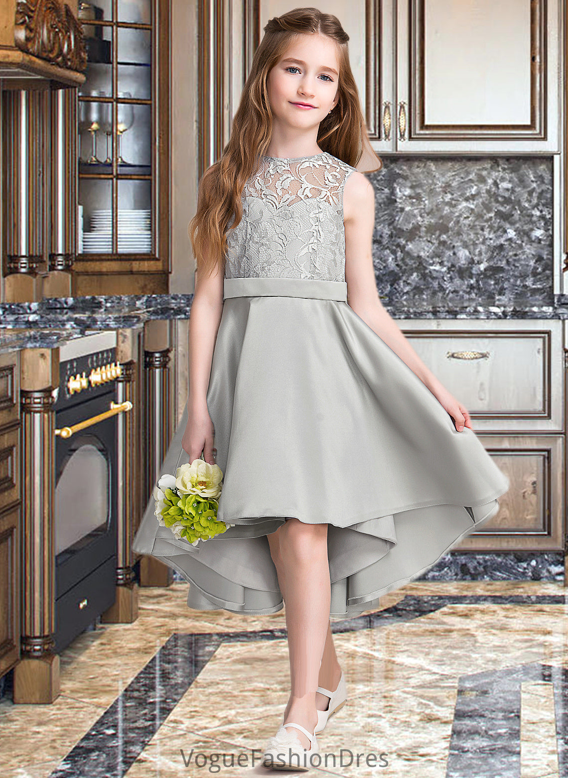 Cara A-Line Scoop Neck Asymmetrical Satin Junior Bridesmaid Dress DKP0013618