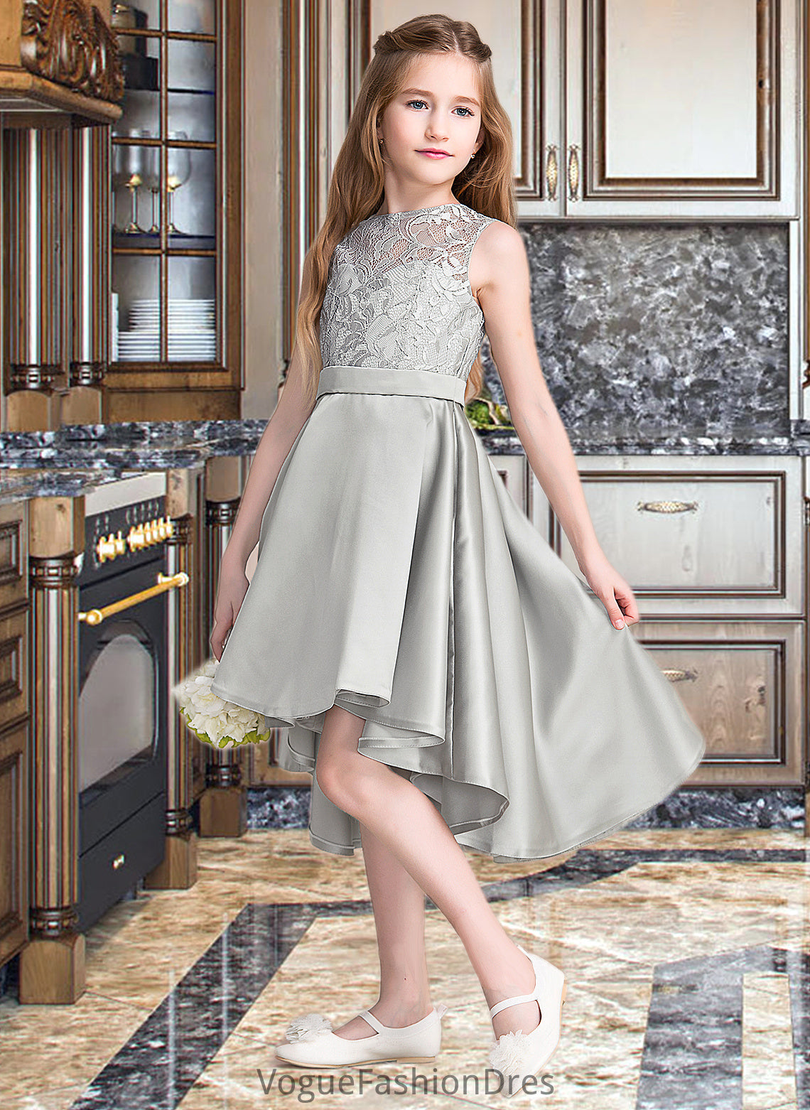 Cara A-Line Scoop Neck Asymmetrical Satin Junior Bridesmaid Dress DKP0013618