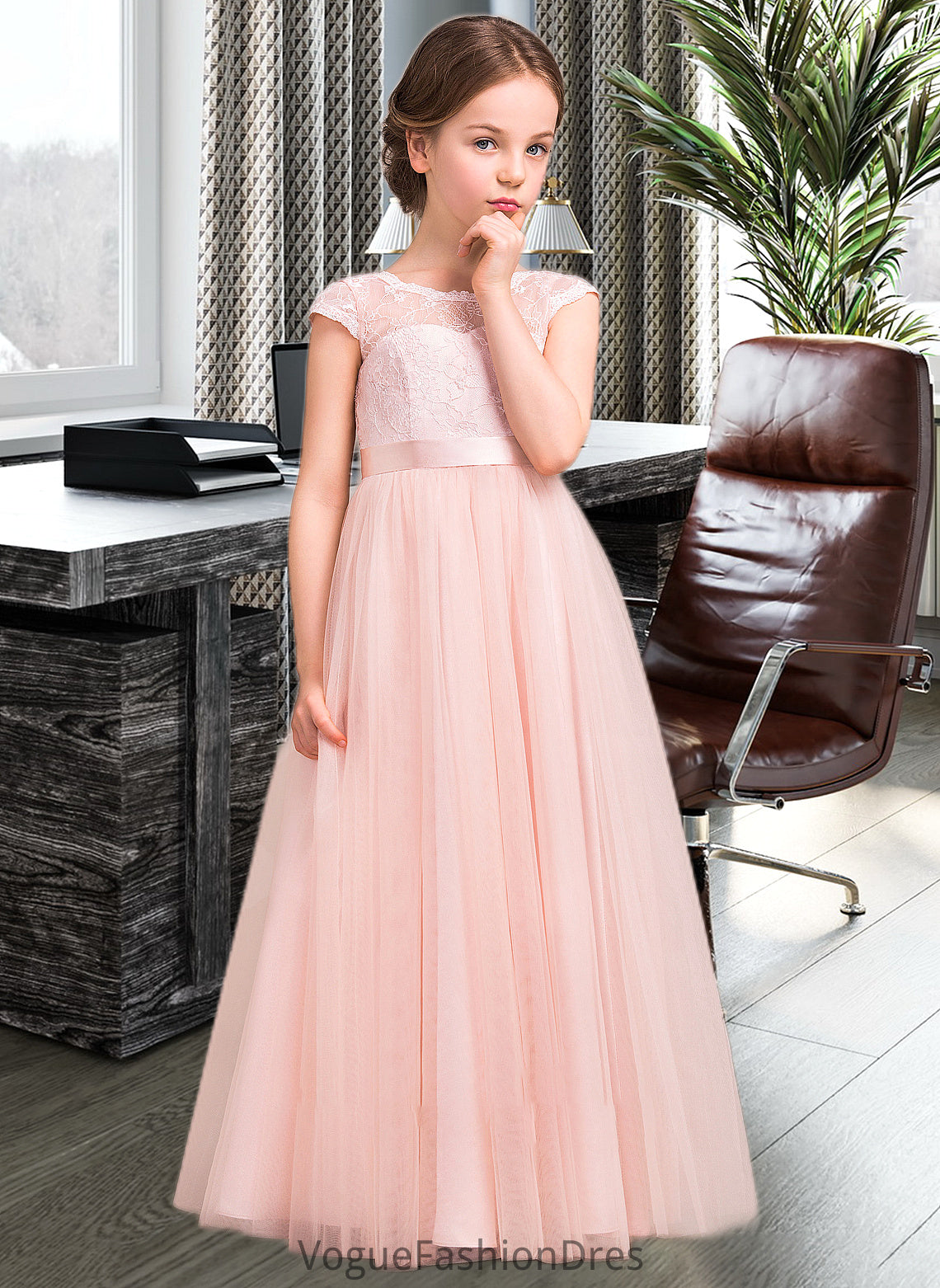 Jaiden A-Line Scoop Neck Floor-Length Tulle Lace Junior Bridesmaid Dress With Bow(s) DKP0013619