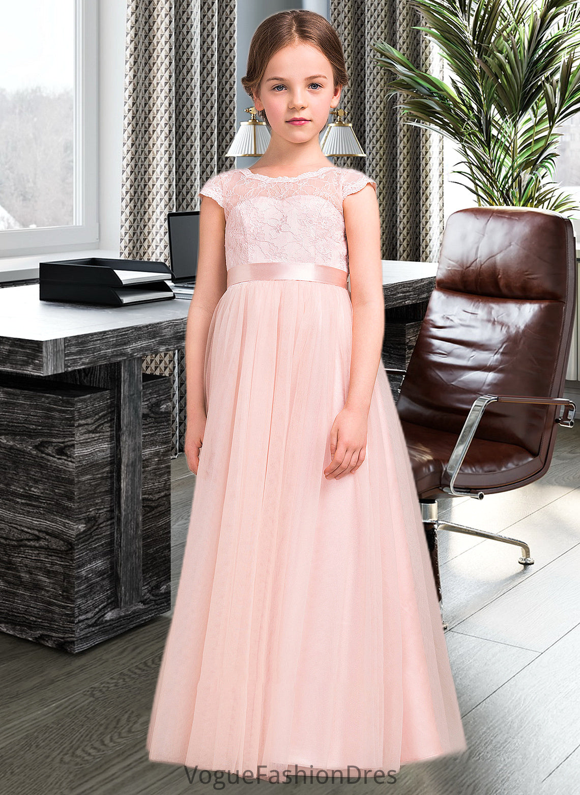 Jaiden A-Line Scoop Neck Floor-Length Tulle Lace Junior Bridesmaid Dress With Bow(s) DKP0013619