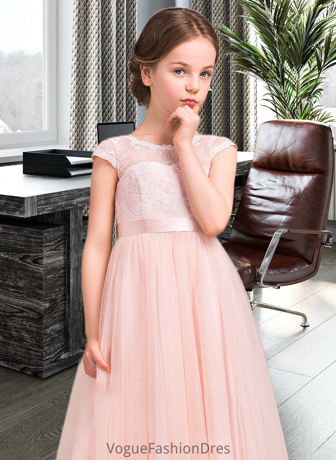 Jaiden A-Line Scoop Neck Floor-Length Tulle Lace Junior Bridesmaid Dress With Bow(s) DKP0013619