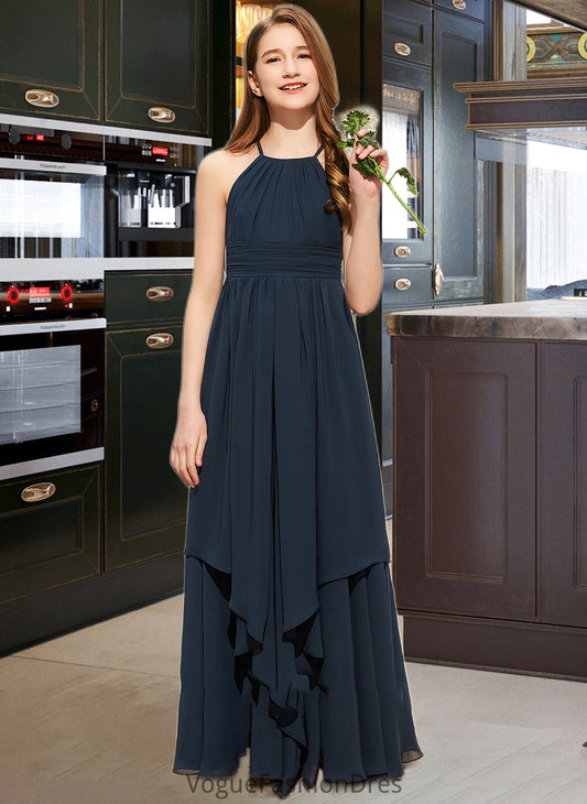 Jaslene A-Line Scoop Neck Floor-Length Chiffon Junior Bridesmaid Dress With Cascading Ruffles DKP0013622