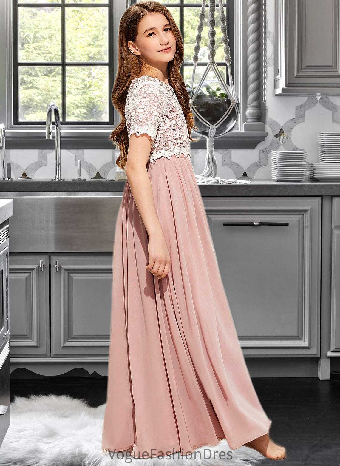 Rylee A-Line Scoop Neck Floor-Length Chiffon Lace Junior Bridesmaid Dress DKP0013623