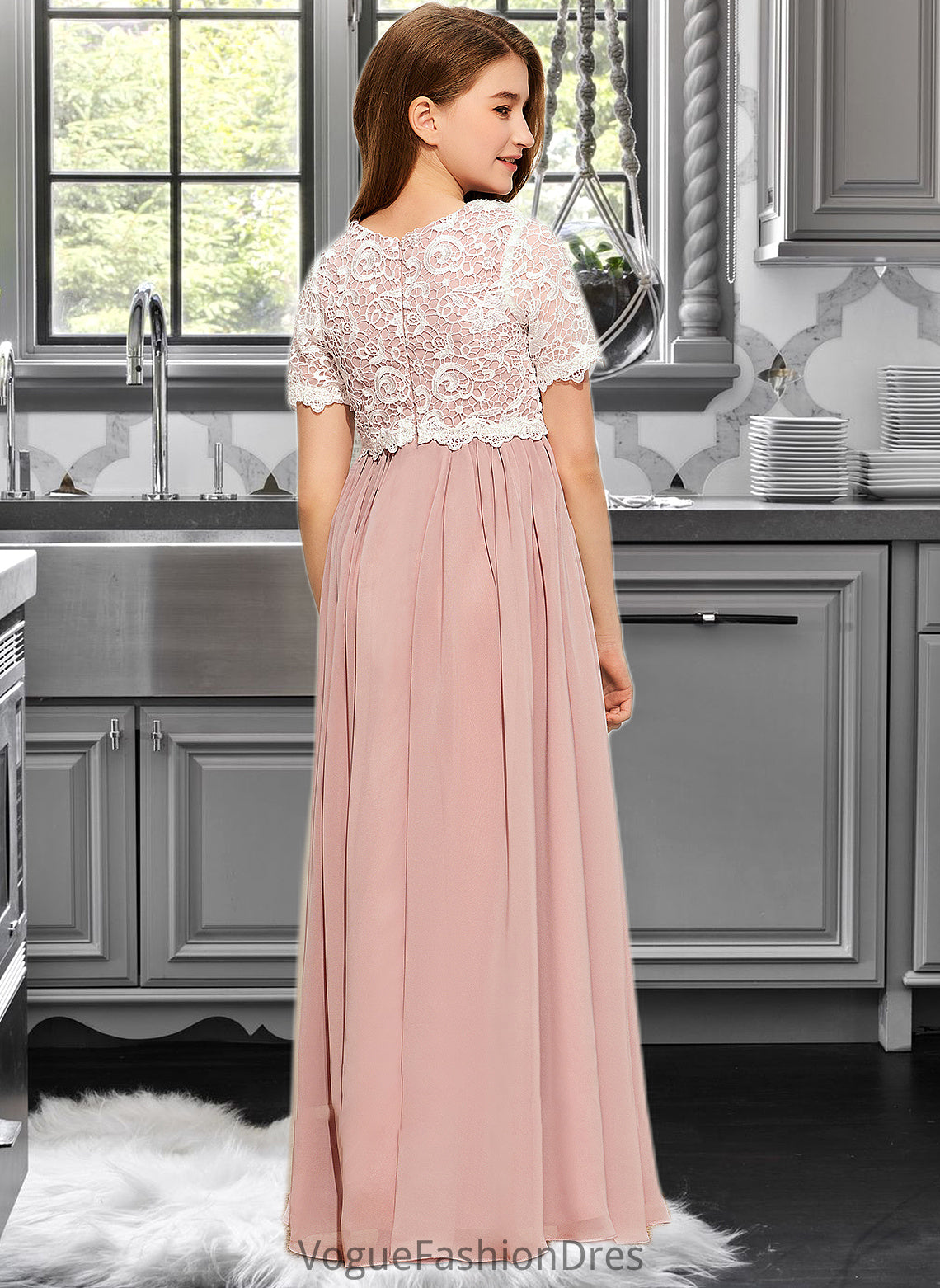 Rylee A-Line Scoop Neck Floor-Length Chiffon Lace Junior Bridesmaid Dress DKP0013623