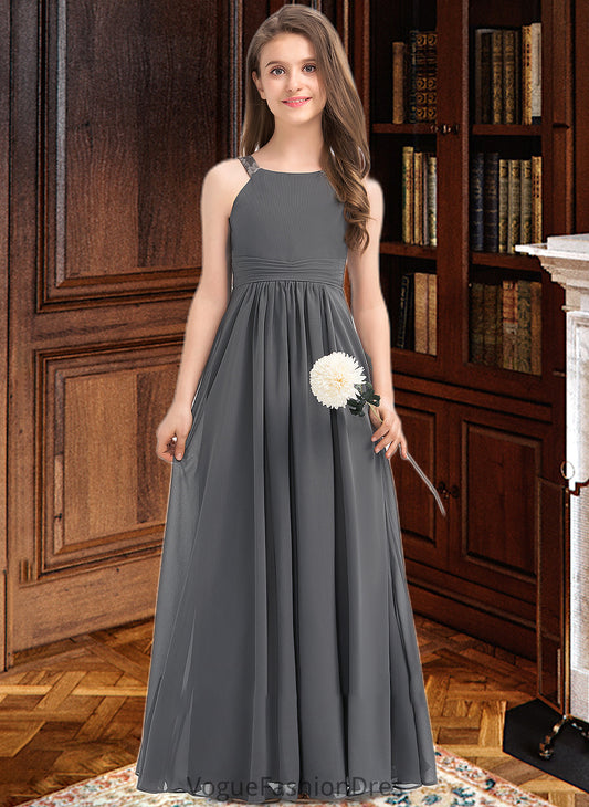 Elva A-Line Scoop Neck Floor-Length Chiffon Junior Bridesmaid Dress With Ruffle Lace DKP0013625