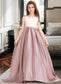 Julia Ball-Gown/Princess Scoop Neck Sweep Train Satin Junior Bridesmaid Dress With Bow(s) Pockets DKP0013626