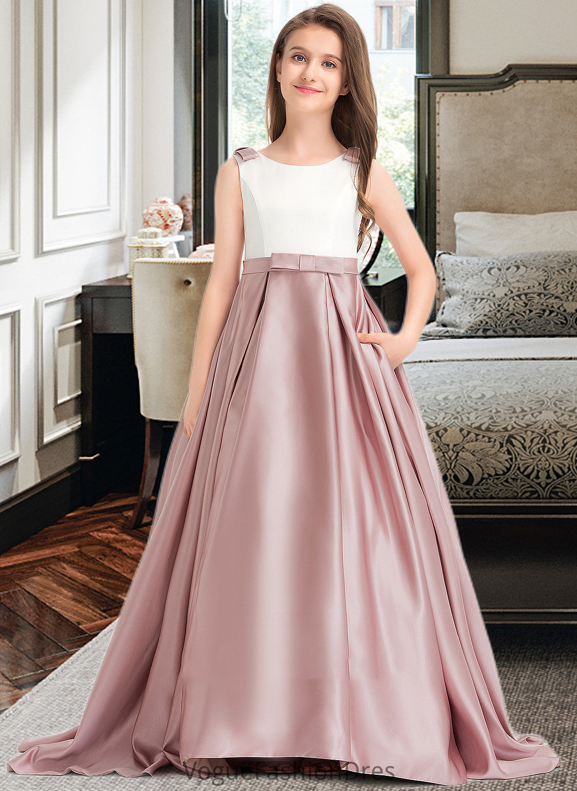 Julia Ball-Gown/Princess Scoop Neck Sweep Train Satin Junior Bridesmaid Dress With Bow(s) Pockets DKP0013626