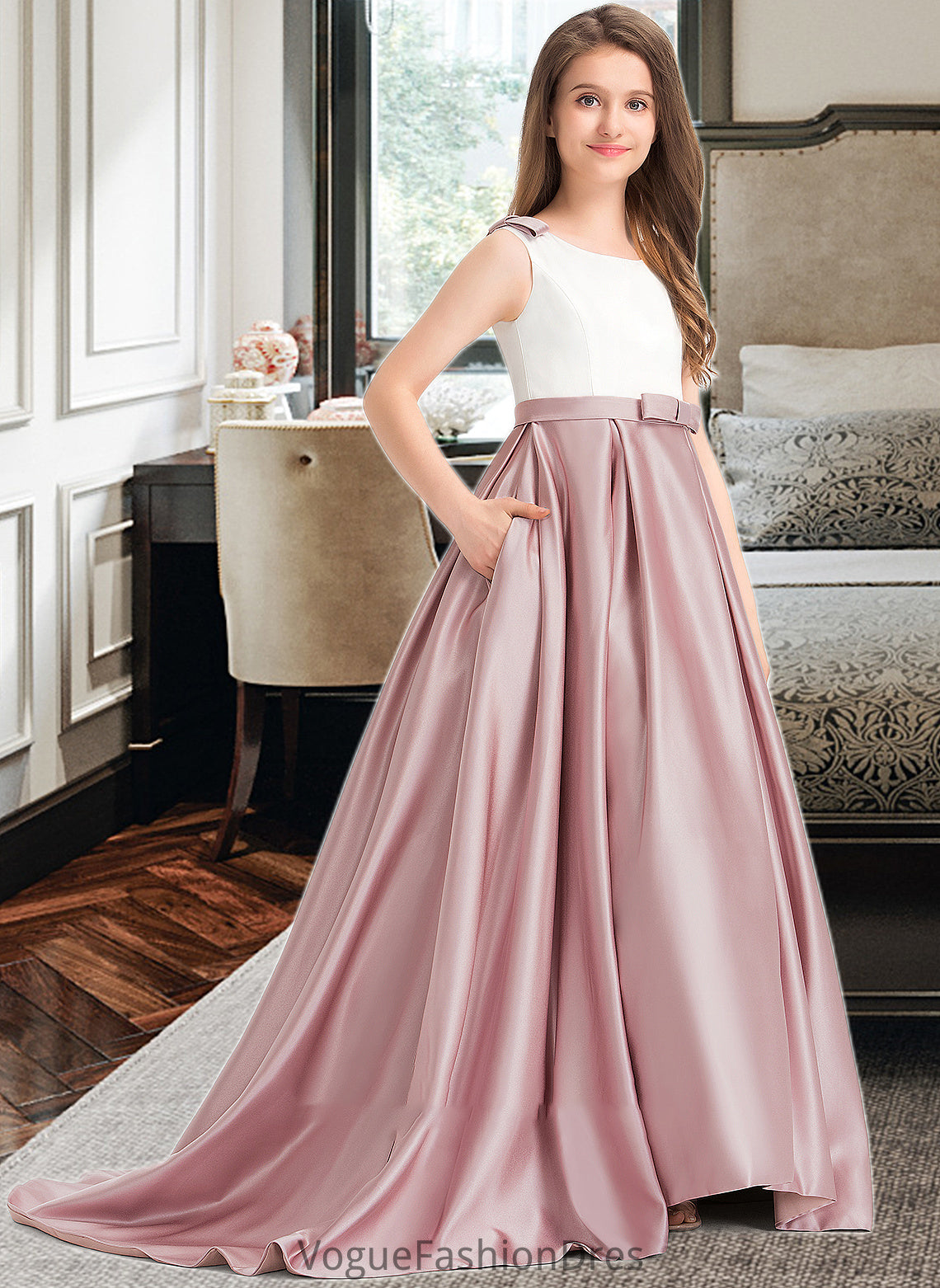 Julia Ball-Gown/Princess Scoop Neck Sweep Train Satin Junior Bridesmaid Dress With Bow(s) Pockets DKP0013626