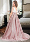 Julia Ball-Gown/Princess Scoop Neck Sweep Train Satin Junior Bridesmaid Dress With Bow(s) Pockets DKP0013626