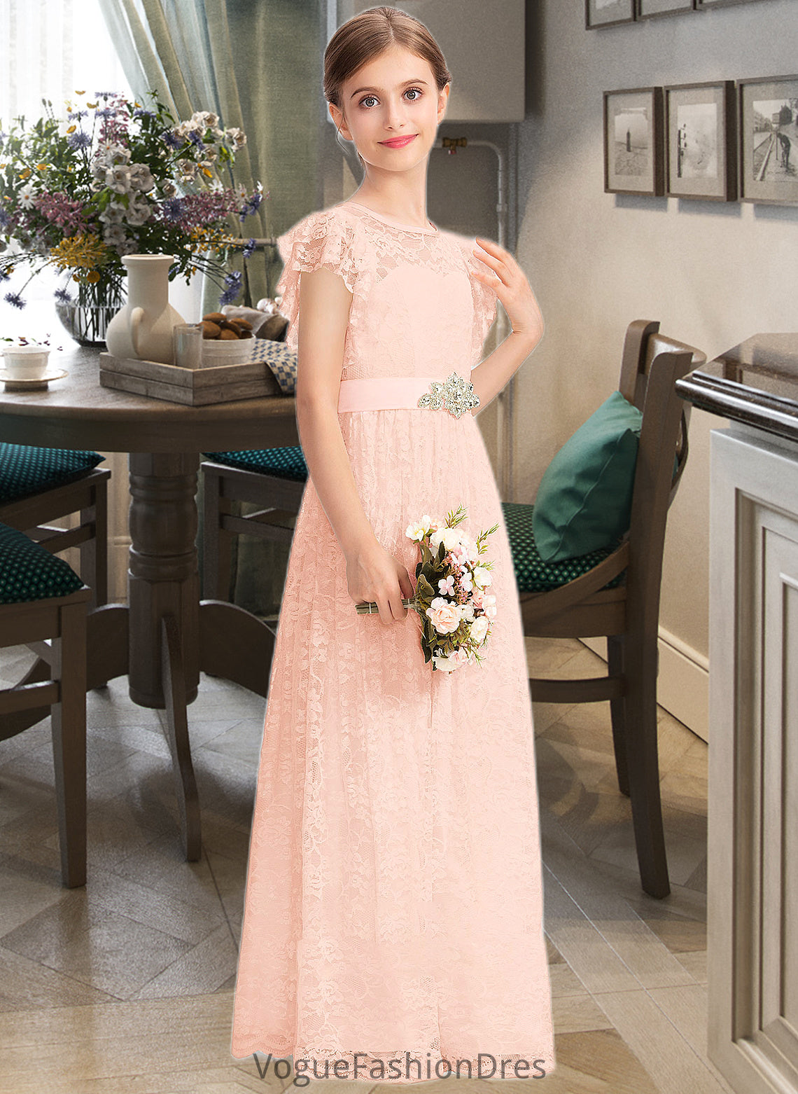 Brianna A-Line Scoop Neck Floor-Length Lace Junior Bridesmaid Dress With Beading Bow(s) Cascading Ruffles DKP0013627