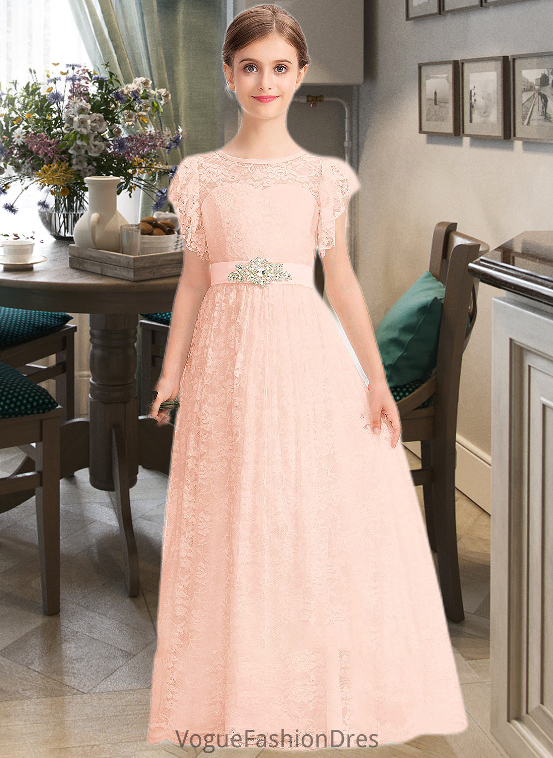 Brianna A-Line Scoop Neck Floor-Length Lace Junior Bridesmaid Dress With Beading Bow(s) Cascading Ruffles DKP0013627