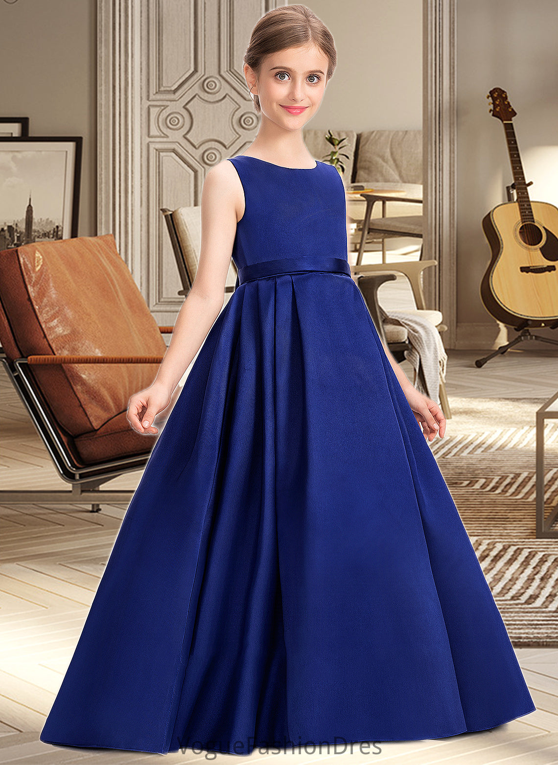 Precious Ball-Gown/Princess Scoop Neck Sweep Train Satin Junior Bridesmaid Dress With Bow(s) DKP0013628