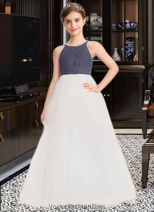 Teagan A-Line Scoop Neck Floor-Length Chiffon Tulle Junior Bridesmaid Dress With Ruffle DKP0013629