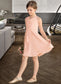 Sabrina A-Line V-neck Knee-Length Chiffon Lace Junior Bridesmaid Dress With Cascading Ruffles DKP0013630