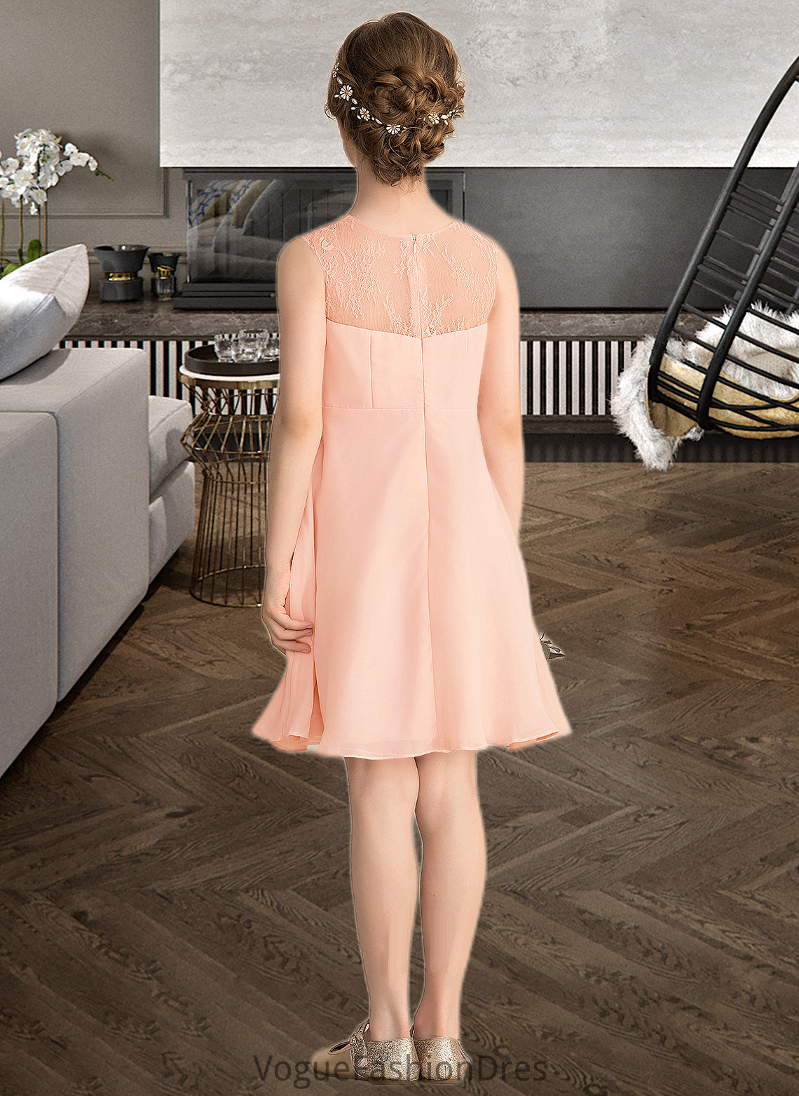 Sabrina A-Line V-neck Knee-Length Chiffon Lace Junior Bridesmaid Dress With Cascading Ruffles DKP0013630