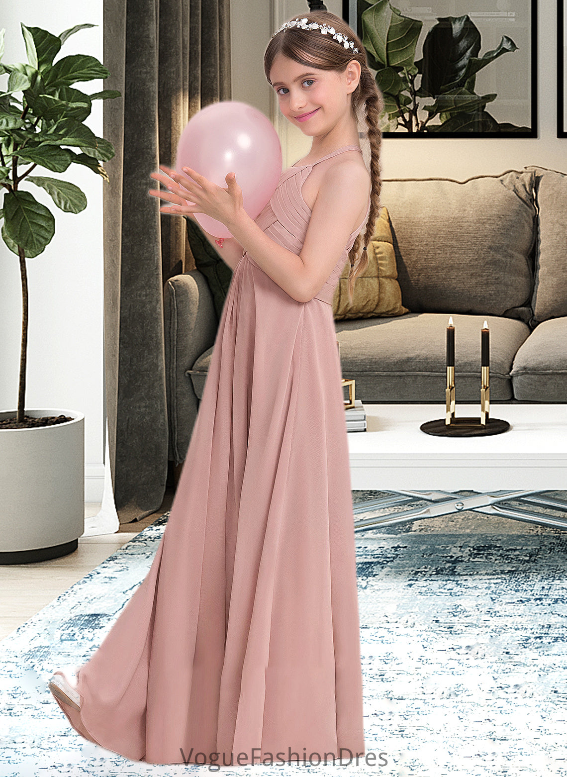 Brisa A-Line Scoop Neck Floor-Length Chiffon Junior Bridesmaid Dress With Ruffle DKP0013632