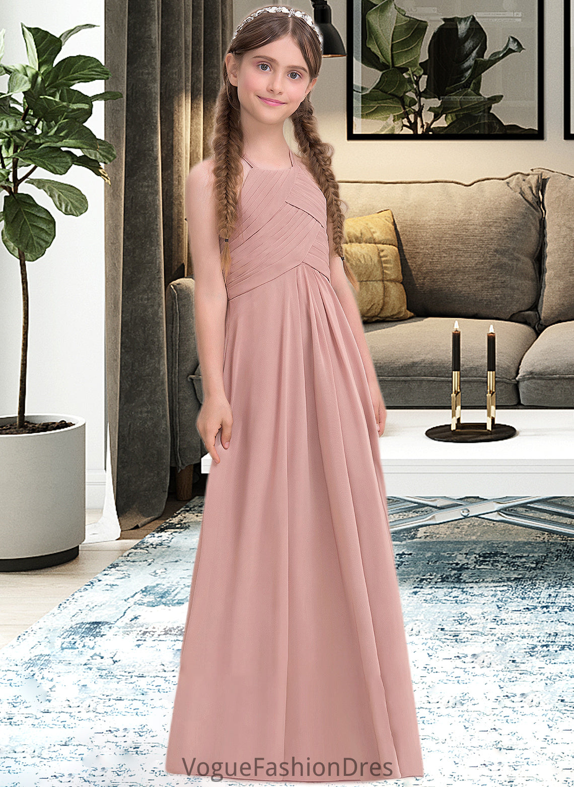 Brisa A-Line Scoop Neck Floor-Length Chiffon Junior Bridesmaid Dress With Ruffle DKP0013632