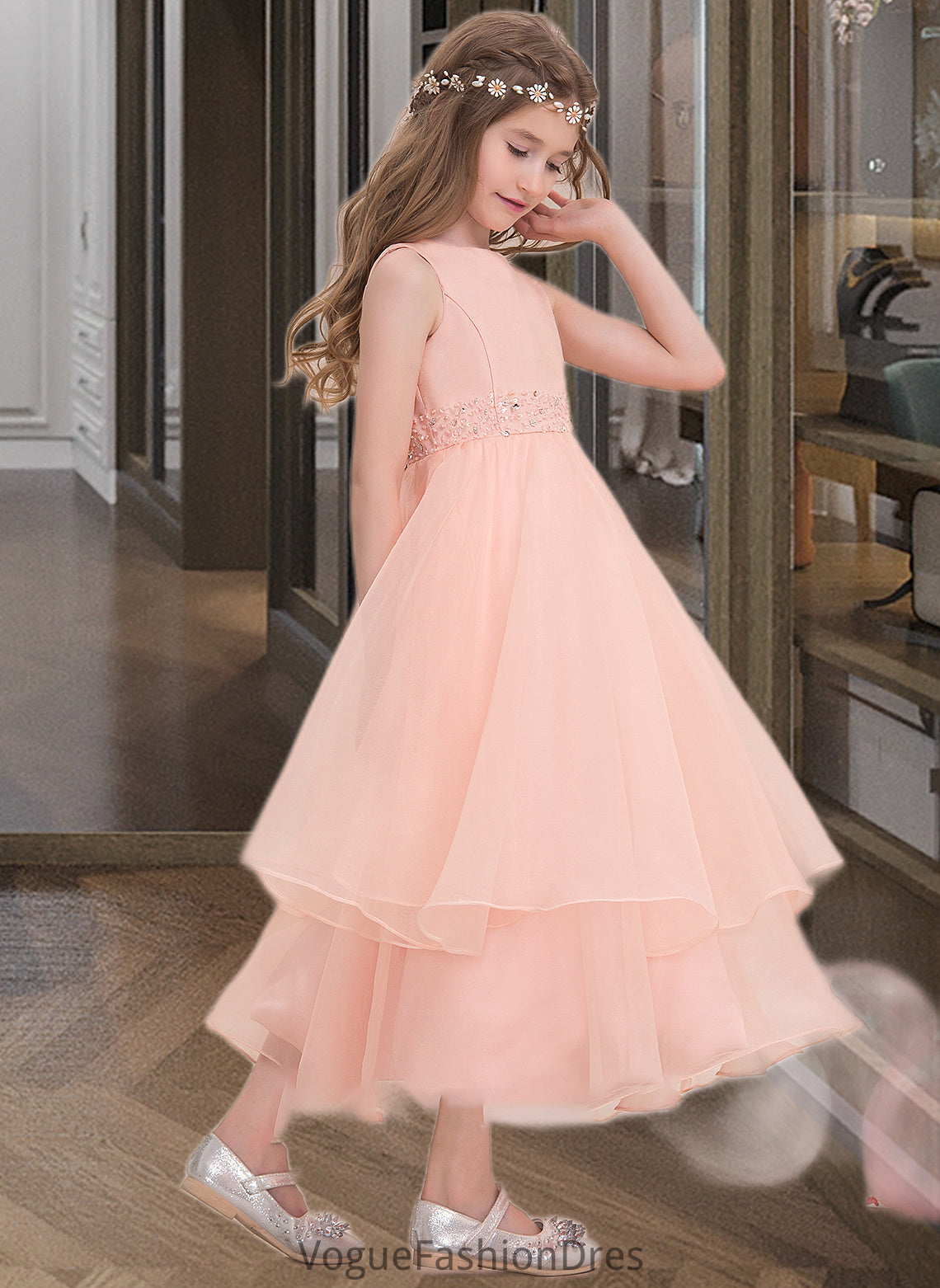 Lina A-Line Scoop Neck Ankle-Length Organza Junior Bridesmaid Dress With Beading Sequins DKP0013633