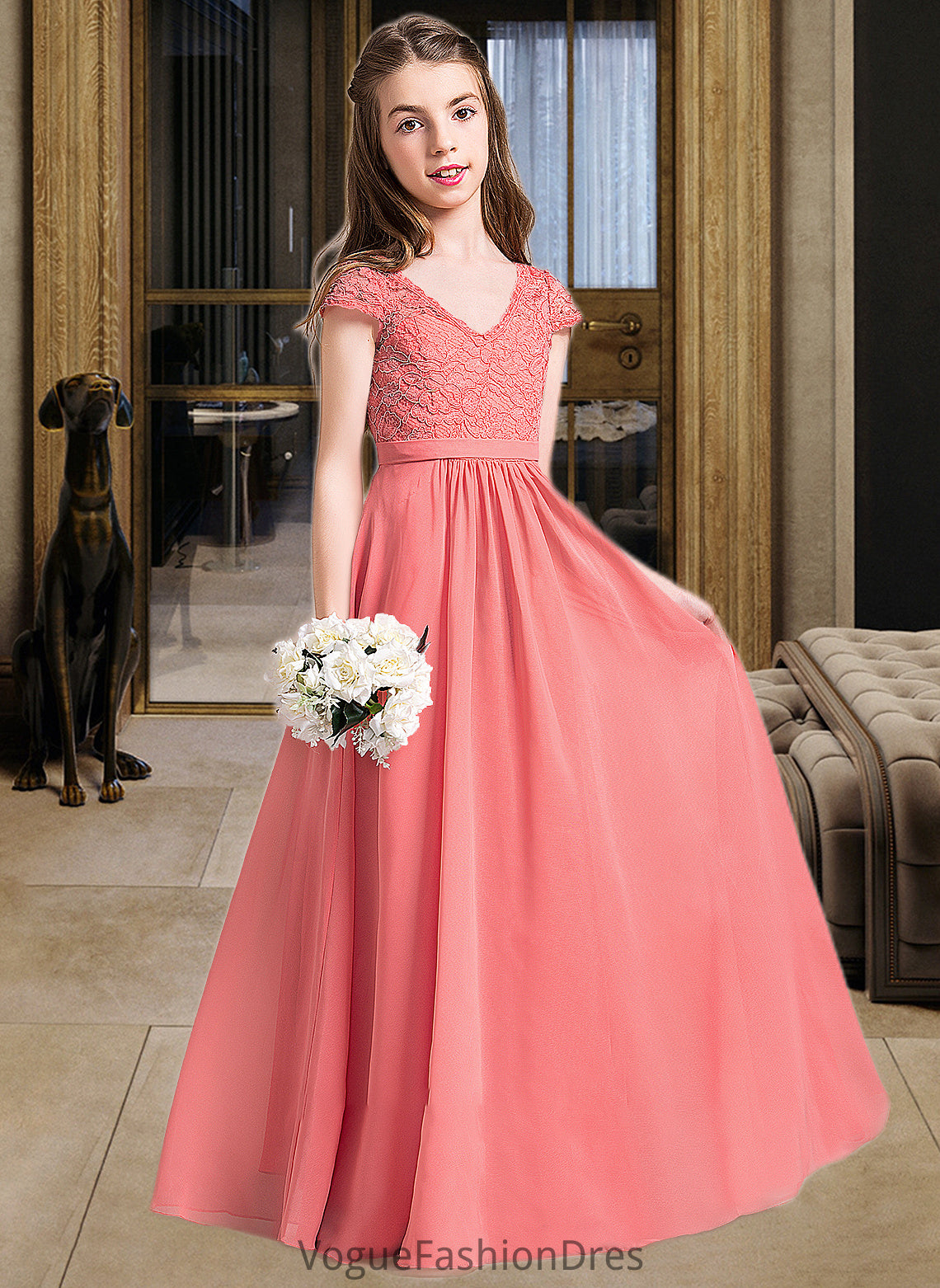 Averie A-Line V-neck Floor-Length Chiffon Lace Junior Bridesmaid Dress DKP0013634