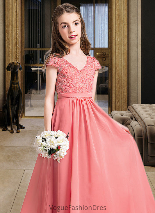 Averie A-Line V-neck Floor-Length Chiffon Lace Junior Bridesmaid Dress DKP0013634