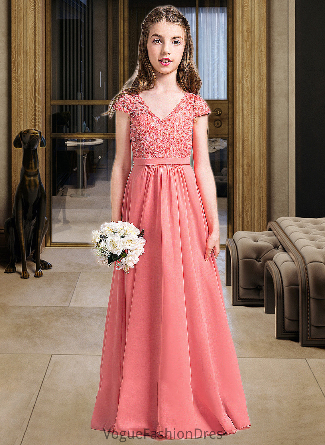 Averie A-Line V-neck Floor-Length Chiffon Lace Junior Bridesmaid Dress DKP0013634