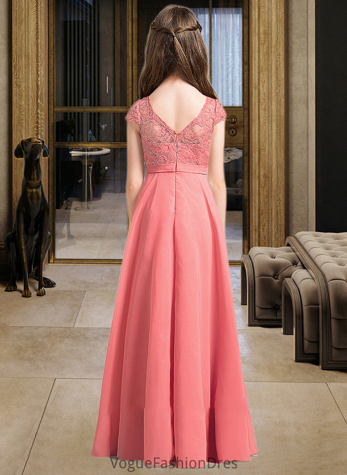 Averie A-Line V-neck Floor-Length Chiffon Lace Junior Bridesmaid Dress DKP0013634