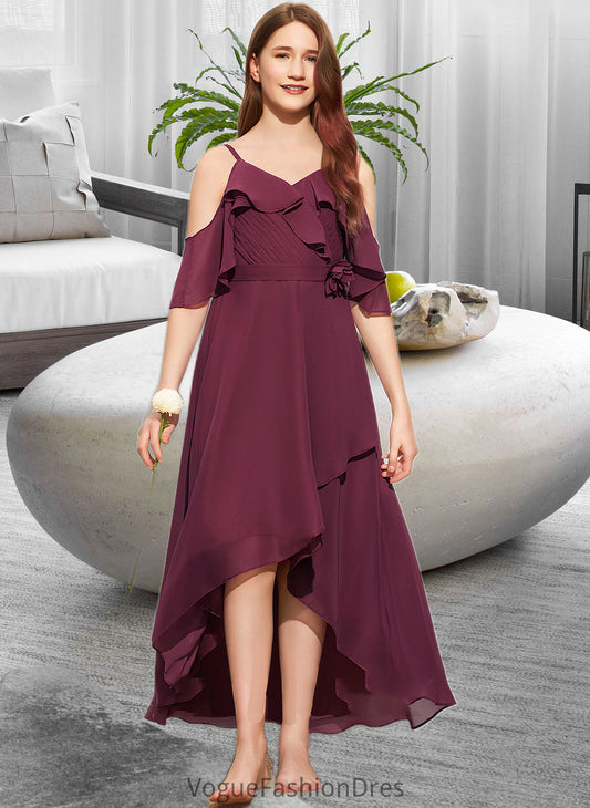 Kara A-Line Off-the-Shoulder Asymmetrical Chiffon Junior Bridesmaid Dress With Cascading Ruffles DKP0013636