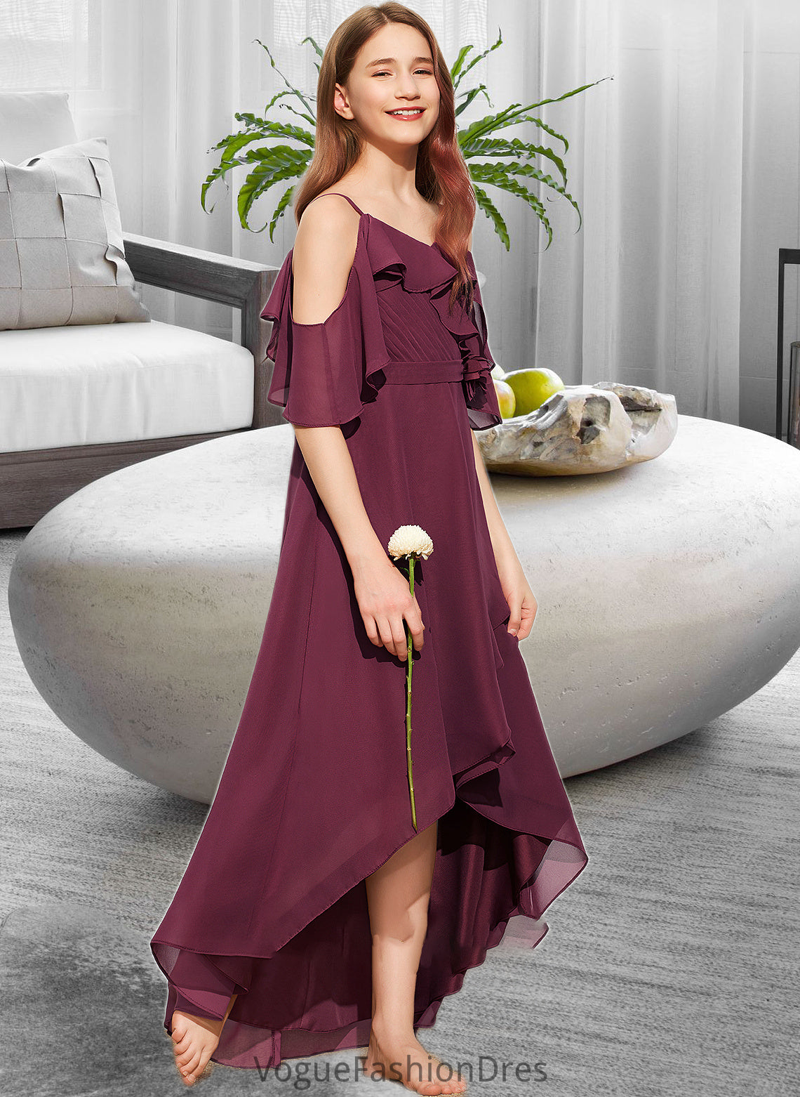 Kara A-Line Off-the-Shoulder Asymmetrical Chiffon Junior Bridesmaid Dress With Cascading Ruffles DKP0013636