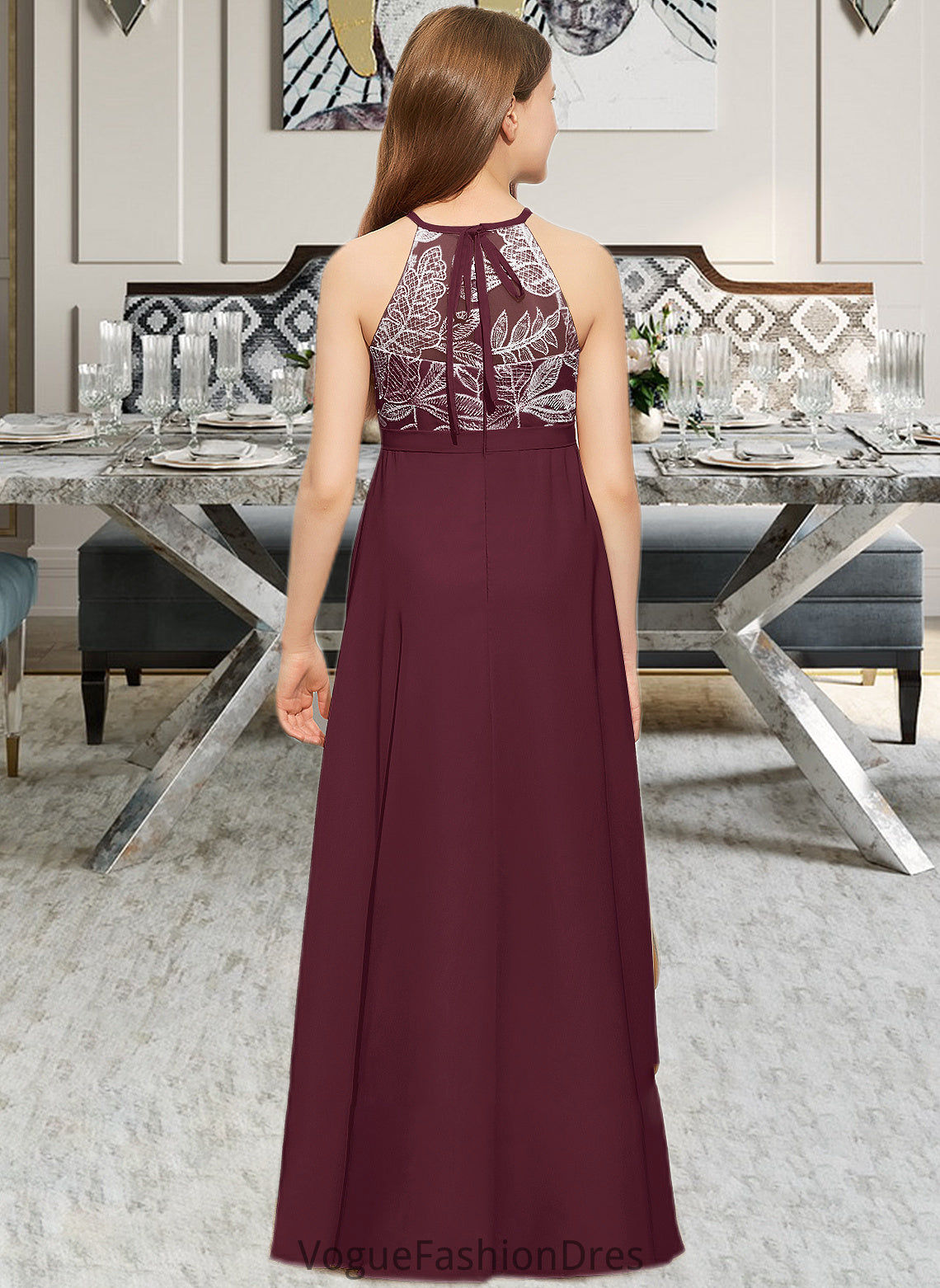 Anna A-Line Scoop Neck Floor-Length Chiffon Lace Junior Bridesmaid Dress With Bow(s) DKP0013637