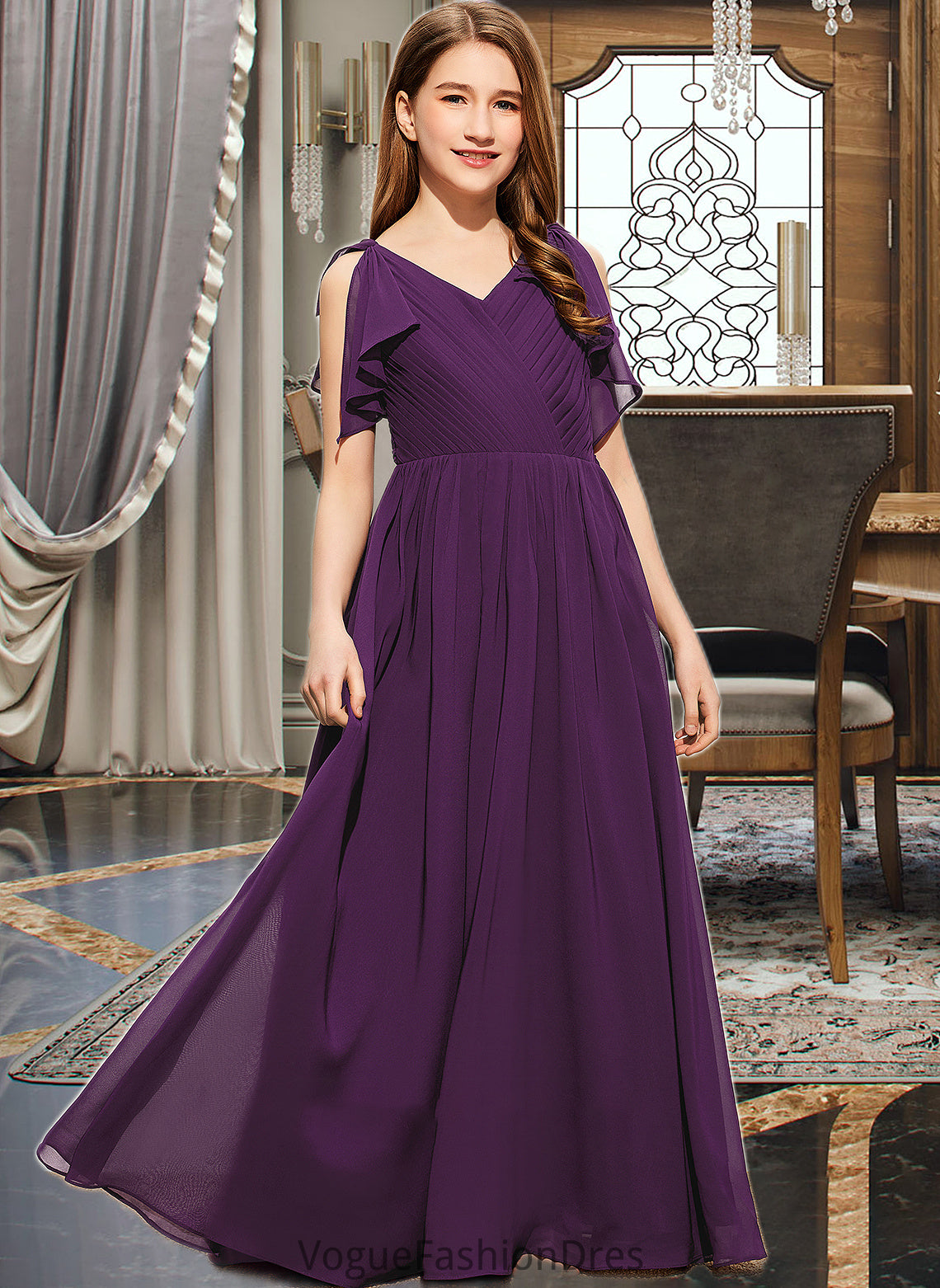 Sara A-Line V-neck Floor-Length Chiffon Junior Bridesmaid Dress With Bow(s) Cascading Ruffles DKP0013639