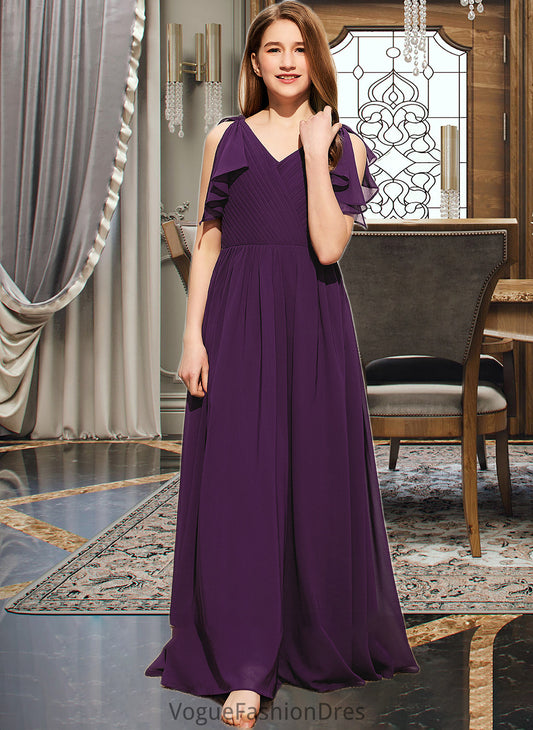 Sara A-Line V-neck Floor-Length Chiffon Junior Bridesmaid Dress With Bow(s) Cascading Ruffles DKP0013639