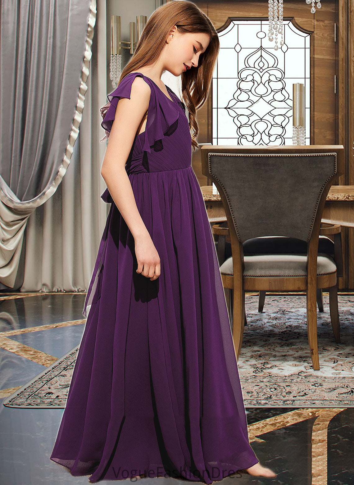 Sara A-Line V-neck Floor-Length Chiffon Junior Bridesmaid Dress With Bow(s) Cascading Ruffles DKP0013639