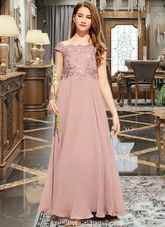 Shaniya A-Line Off-the-Shoulder Floor-Length Chiffon Lace Junior Bridesmaid Dress DKP0013640