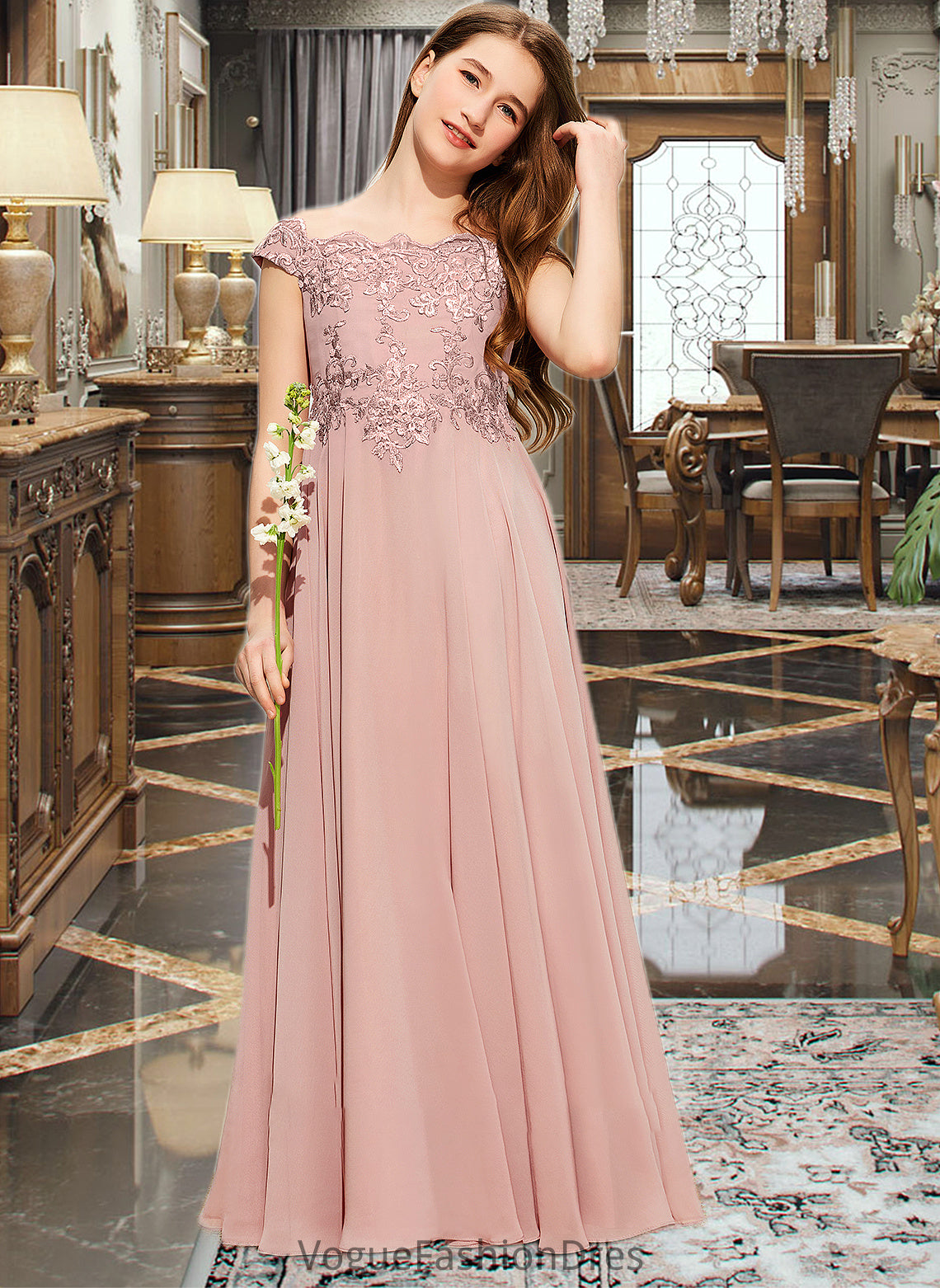 Shaniya A-Line Off-the-Shoulder Floor-Length Chiffon Lace Junior Bridesmaid Dress DKP0013640