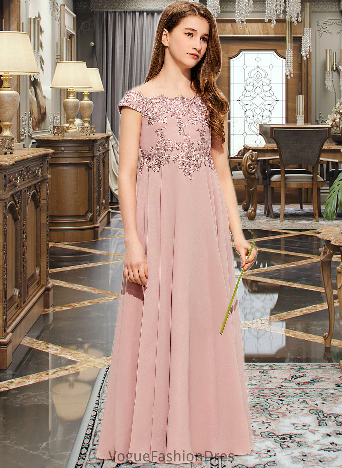 Shaniya A-Line Off-the-Shoulder Floor-Length Chiffon Lace Junior Bridesmaid Dress DKP0013640