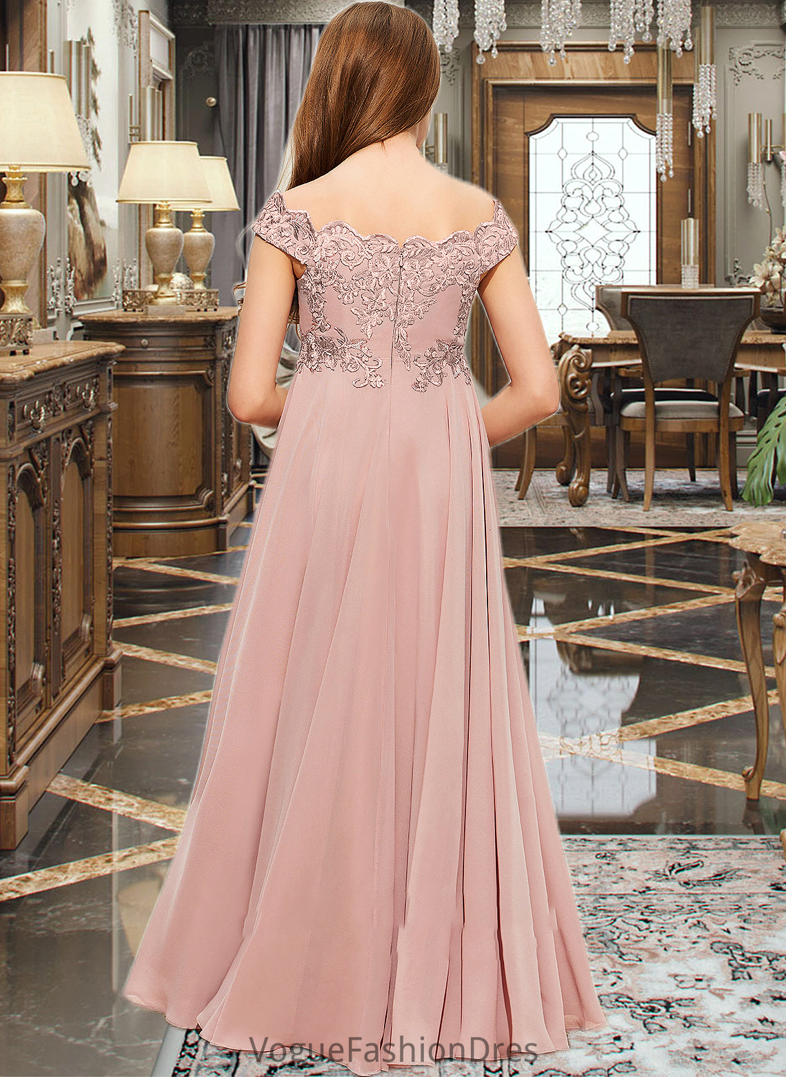 Shaniya A-Line Off-the-Shoulder Floor-Length Chiffon Lace Junior Bridesmaid Dress DKP0013640