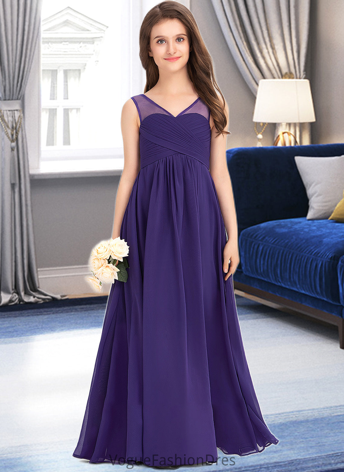 Marianna A-Line V-neck Floor-Length Chiffon Junior Bridesmaid Dress With Ruffle DKP0013642