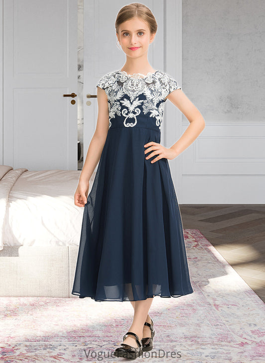 Sarai A-Line Scoop Neck Tea-Length Chiffon Lace Junior Bridesmaid Dress DKP0013643