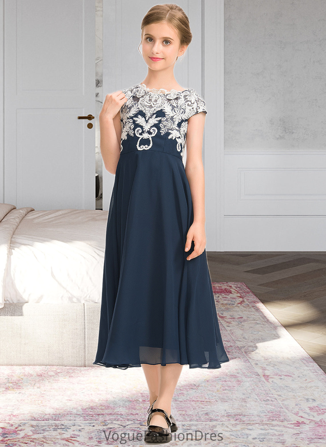 Sarai A-Line Scoop Neck Tea-Length Chiffon Lace Junior Bridesmaid Dress DKP0013643